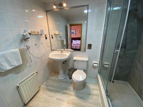 a bathroom with a toilet and a shower and a sink at Hotel Plaza in Punta Arenas