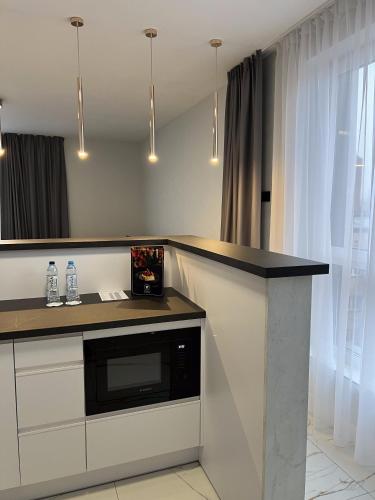a kitchen with a counter with a microwave at Hotel Lantier Wellness & Spa in Bytom