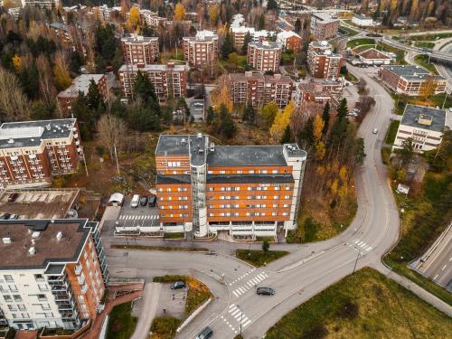 an aerial view of a building in a city at Forenom Aparthotel Espoo Leppävaara in Espoo