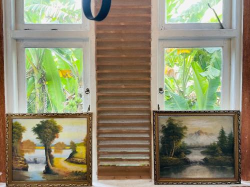 two windows in a room with paintings on them at Villa White in Polhena