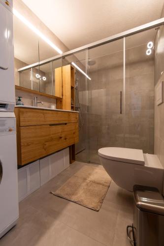 a bathroom with a shower and a toilet and a sink at Trais Fluors Samnaun-Compatsch in Samnaun