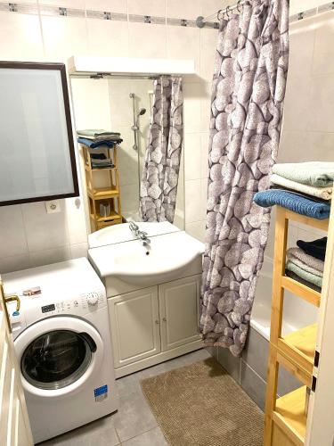 une salle de bain avec une machine à laver et un lavabo dans l'établissement Le Grasberg, à Bergheim