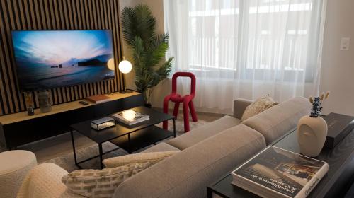 a living room with a couch and a flat screen tv at Nonanteneuf appart hōtel Genève Étang - Airport - contactless check-in in Geneva