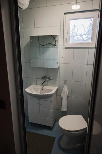 a bathroom with a sink and a toilet at Cozy House with Free parking in Varna City