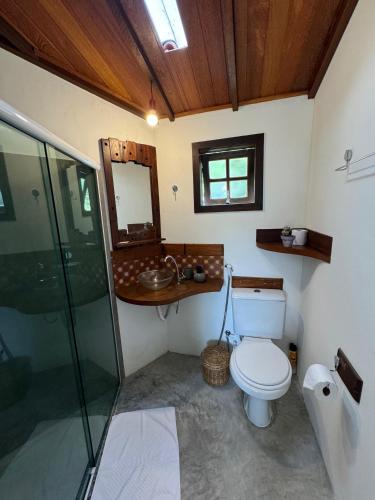 a bathroom with a toilet and a sink and a mirror at Serena Suíte Lumiar in Lumiar