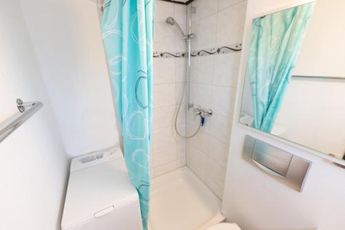 a shower with a blue shower curtain in a bathroom at Bodensee Häusle in Immenstaad am Bodensee