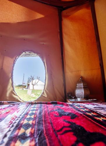 a view from the inside of a tent with a window at Agricampeggio Equinox in Carpignano Sesia