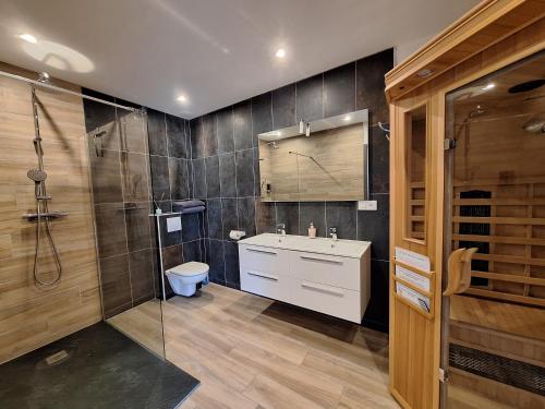 une salle de bain avec une douche, un lavabo et des toilettes dans l'établissement Association Vita'vie La Villa, à Peyruis