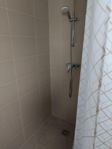 une salle de bain avec une douche avec pommeau de douche dans l'établissement La Pause, à Soultz-Haut-Rhin