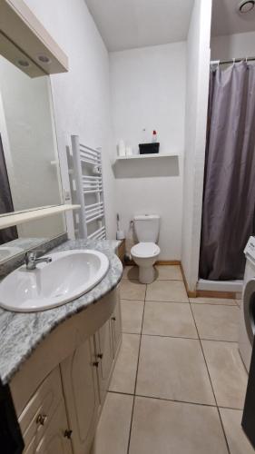 une salle de bain blanche avec un lavabo et des toilettes dans l'établissement Appartement T2 avec balcon proche centre-ville NARBONNE, à Narbonne