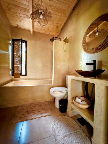 a bathroom with a toilet and a tub and a sink at Casa Bambú - Brisas del Lago in Puerto Bossetti
