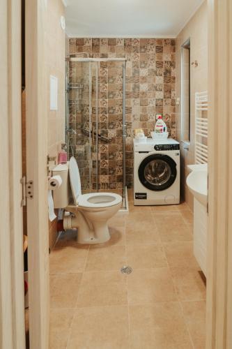 a bathroom with a toilet and a shower with a stove at Apartment Aria 2 in Velingrad