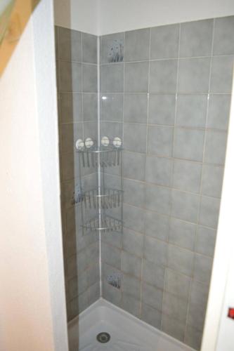 une salle de bain avec une douche avec une porte vitrée dans l'établissement Appartement Studio cabine 4 couchages SAINT CYPRIEN SC070-084, à Saint Cyprien Plage