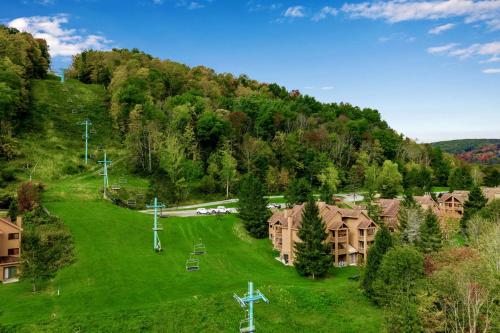an aerial view of a resort with a green lawn and houses at Renovated Ski In Out Condo King Bed Patio Grill in Ellicottville