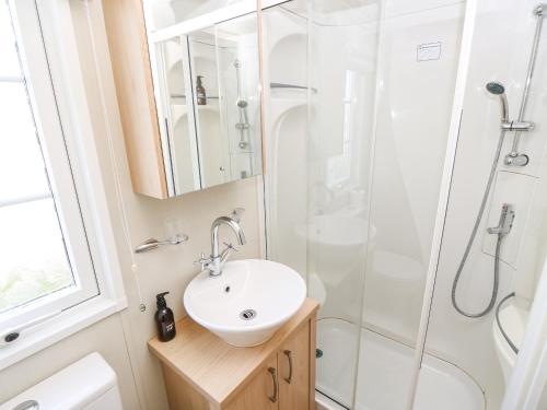 une salle de bain avec un lavabo et une douche dans l'établissement Beach Bliss Retreat, à Chichester