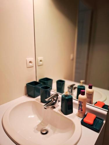 une salle de bain avec un lavabo et un miroir dans l'établissement Studio 2 pers avec parking proche Versailles Paris, à Saint-Cyr-lʼÉcole