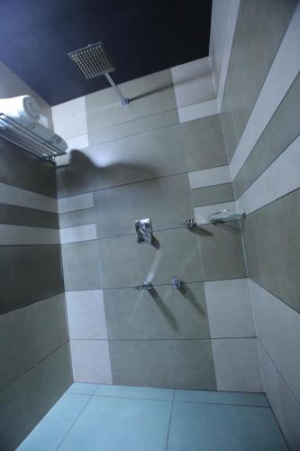 a bathroom with a shower with a glass door at City Palace Hotel in Ooty