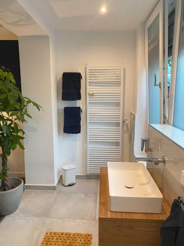 a bathroom with a white sink and blue towels at CityLoft Andernach in Andernach