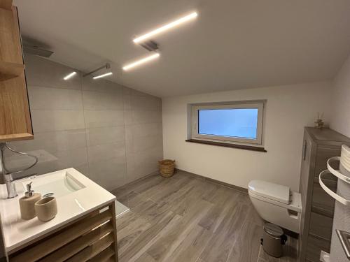 a bathroom with a sink and a toilet and a window at Appartement au Domaine du Cygne in Barst-Marienthal
