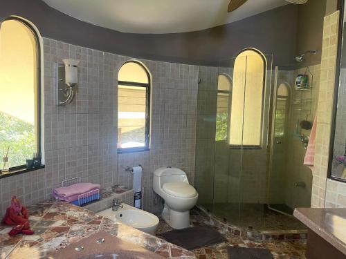 a bathroom with a toilet and a shower at Villa Pura Vida in Matapalo