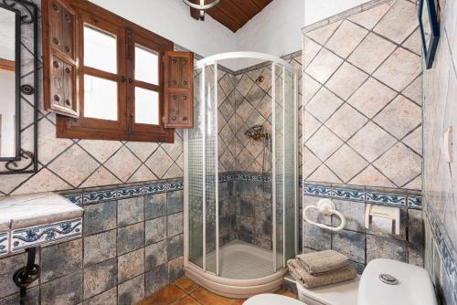 a bathroom with a shower and a toilet at Casa Rural La Herradura in Antequera