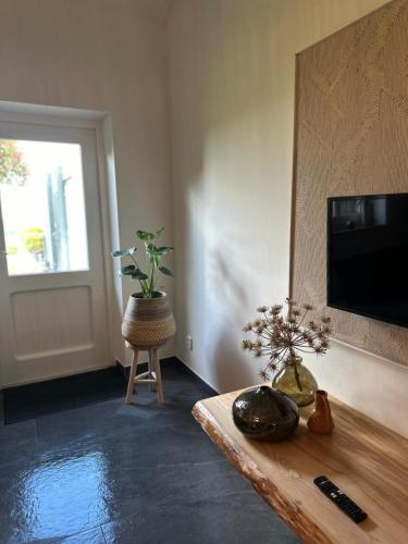 a living room with a tv and a table at Authentieke 4 persoons cottage vlakbij Valkenburg in Voerendaal