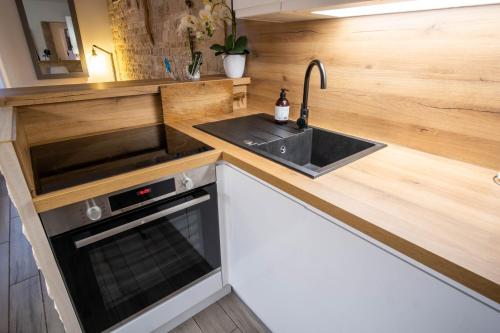 kuchnia ze zlewem i kuchenką w obiekcie Appartement très cosy avec cour w Cannes