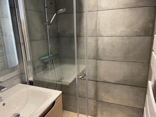 une douche avec une porte vitrée à côté d'un lavabo dans l'établissement Charmant Studio proche du centre de Châtel, à Châtel