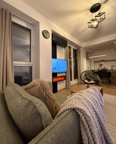 a living room with a couch and a flat screen tv at MM Mavrovo Apartments in Mavrovo