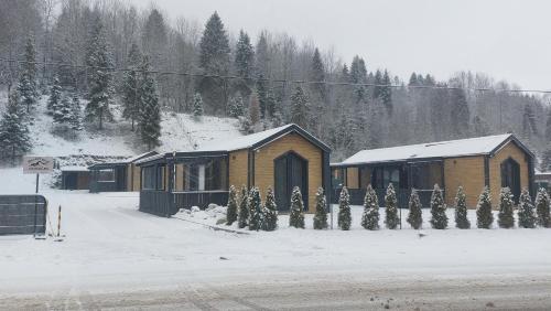 a house with christmas trees in the snow at Rezort pod Roháčmi in Vitanová