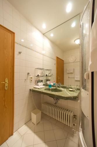 a bathroom with a sink and a mirror at Hotel Aselager Mühle in Herzlake