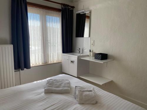 a bedroom with a bed with a sink and a mirror at Vakantiewoning Wurfeldermolen in Maaseik