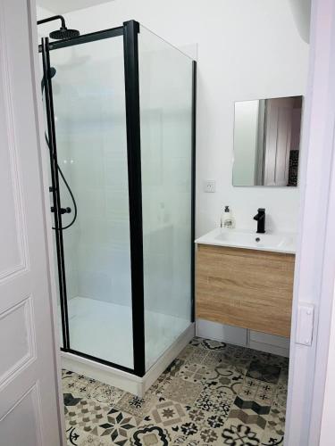 une douche en verre dans une salle de bain avec un lavabo dans l'établissement Henri ll l Terrasse l Proche gare & Centre ville, à Castres