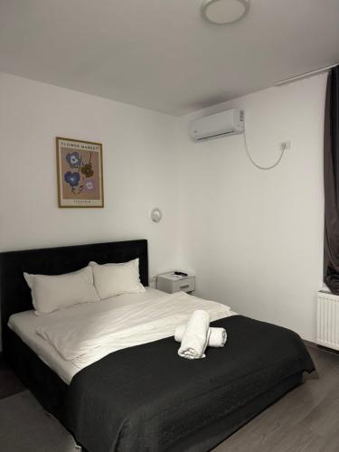a bedroom with a bed with a white towel on it at Pensiunea Rodica in Nădlac