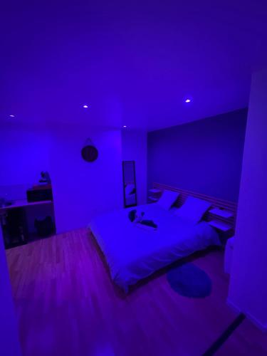 - une chambre violette avec un grand lit dans l'établissement SPA Rome Antique, à Courrières