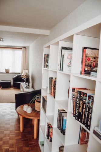 a living room with a book shelf filled with books at Vakantiewoning Wurfeldermolen in Maaseik