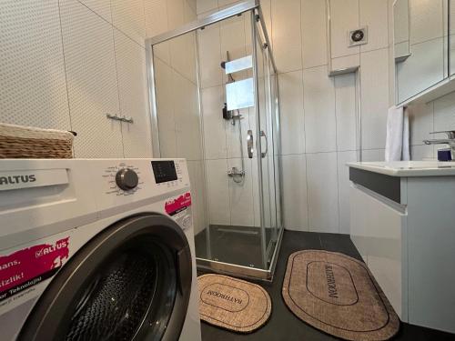 une machine à laver dans une salle de bain avec douche dans l'établissement Waterfront Villa by the Tram - Private Terrace with Dome & Golden Horn View in Fatih, à Istanbul