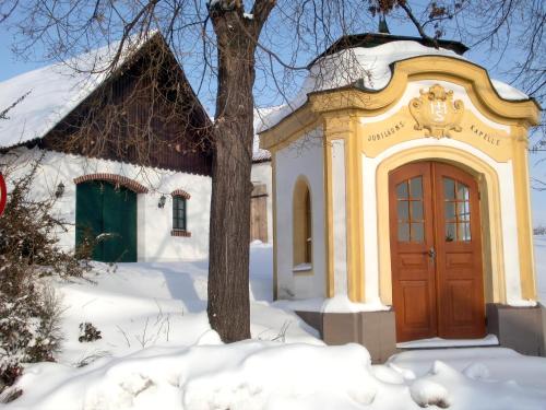 a building with a wooden door in the snow at FERIENHAUS Weinviertel in Pernersdorf