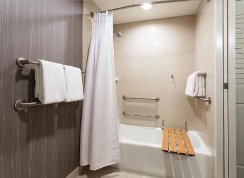a bathroom with a tub and a shower with a shower curtain at Courtyard Rochester Brighton in Rochester