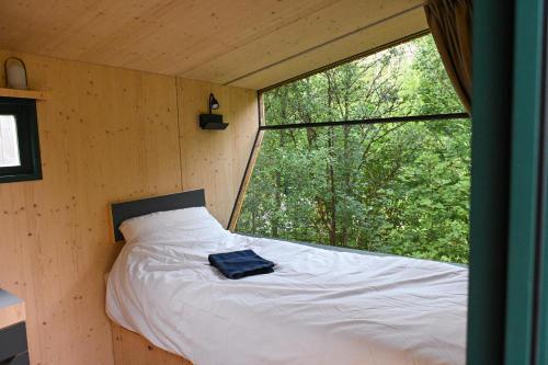 a bed in a room with a large window at Green Tiny Village Harz - Sleep Space 36 in Osterode