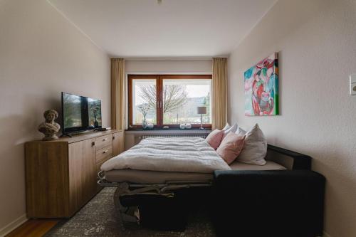 a bedroom with a bed and a tv and a window at Landhaus Mettenberg in Niedersalwey