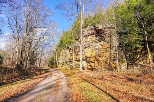 a dirt road next to a rock wall at Bison Hollow Hideaway in South Bloomingville