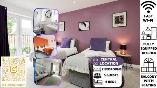 a collage of photos of a bedroom with purple walls at large 2 bed central apartment with balcony and private parking in Cardiff