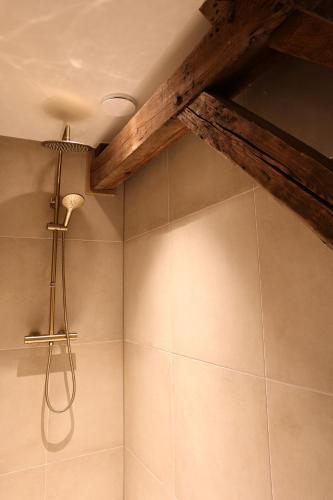 a shower in a bathroom with a wooden ceiling at Stadshotel Geertruidenberg in Geertruidenberg