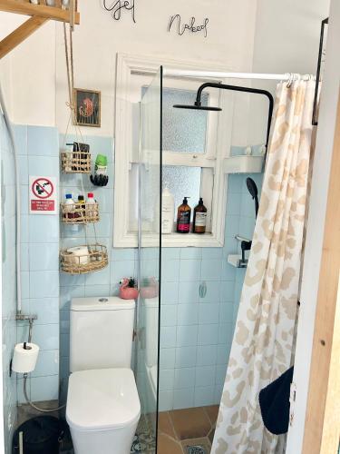 a bathroom with a toilet and a glass shower at Casilda y Villamil Playa de Patos & Camino de Santiago in Nigrán