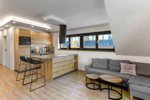 a kitchen and living room with a couch and a counter at SCANDIC Apartments Boží Dar in Boží Dar