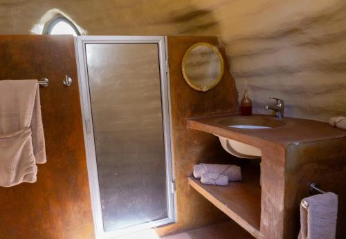 a bathroom with a shower and a sink and a mirror at CACTACEO - alojamiento desértico in Chapala