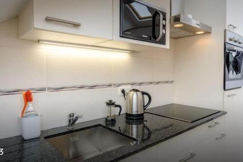 a kitchen counter with a sink and a microwave at Heart of Brussels Escape, Steps from Bourse in Brussels