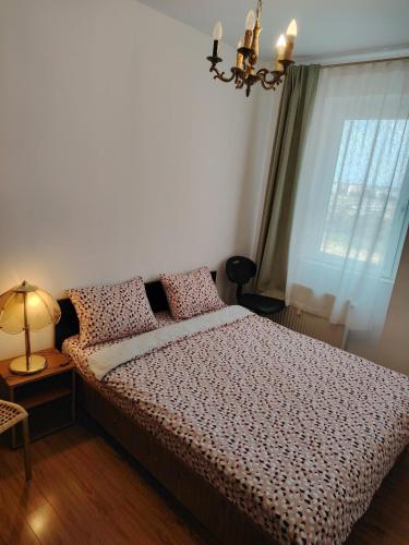 a bedroom with a bed and a lamp and a window at ARAD Chic Apartament UTA in Arad