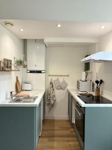 une cuisine avec un évier et un plan de travail dans l'établissement Appartement terrasse au cœur de la ville, à Cherbourg en Cotentin